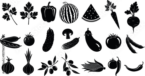 Black Vegetable Silhouettes Set Including Tomato Carrot Onion Corn Pepper Cucumber Mushroom Olives Peas Beetroot Parsley and Watermelon Vector Illustration