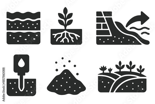 Erosion Control Icons. Solid style icons of erosion control underground networks: layered soil, root system, retaining wall,