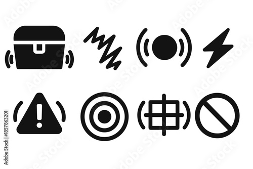 Tremor Icons Collection. Solid style icons of tremor-based treasure markers: chest outline, vibration streak, pulse dot, energy