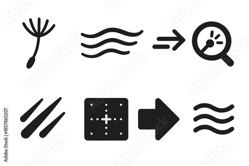 Precision Tracking Icons. Solid style icons of wind-borne precision tracking: dandelion seed, flow path, directional pulse,