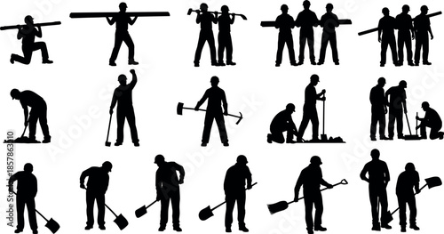 Construction Workers Silhouette Set Vector Illustration Manual Laborers Building Professional Contractors Handymen Working with Tools Shovels and Materials for Industry