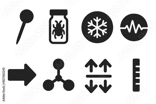Entomology Tools Icons. Solid style icons of entomology preservation tools: insect pin, glass vial, freezer icon, pulse circle,