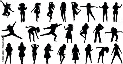 Diverse collection of dancing woman silhouettes in various energetic poses and expressive movements isolated on white background for creative design projects.