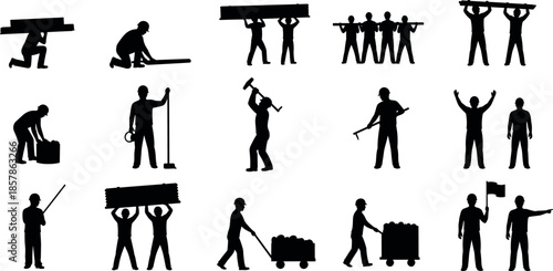 Construction Workers Silhouettes Set Industrial Laborers Carrying Materials Manual Labor Building Site Professionals Logistics Infrastructure Development Engineering Tools and Equipment Vector