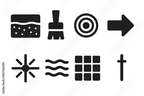 Stratigraphic Analysis Icons. Solid style icons of stratigraphic cleaning analysis: soil section, artifact brush, pulse circle,