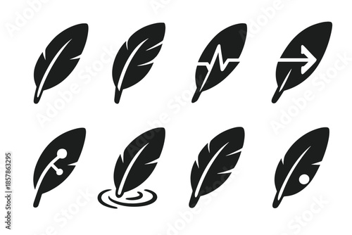 Feather Icon Designs. Solid style icons of folded feather patterns: feather outline, layered folds, pulse line, directional arrow,