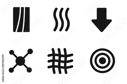 Pleat Indicator Icons. Solid style icons of subtle pleat indicators: textile line, pleated folds, pulse dot, directional arrow,