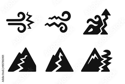 Airy Climb Icons. Solid style icons of an airy, jagged climb: broken gust trail, zigzag wind path, airy peak route, fragmented