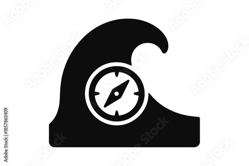 Wave Compass Icon. Solid style icons of a wave peak holding a compass: ocean crest compass, directional wave top, guiding sea