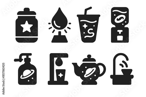 Cosmic Drink Icons. Solid style icons of a cosmic drink center: stellar fluid hub, radiant liquid node, galaxy stream cup, nebular