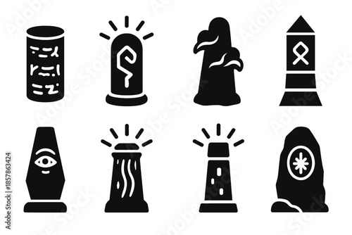 Mystical Prophecy Pillar. Solid style icons of a stone pillar absorbing prophecies: engraved prophecy column, glowing rune shaft,