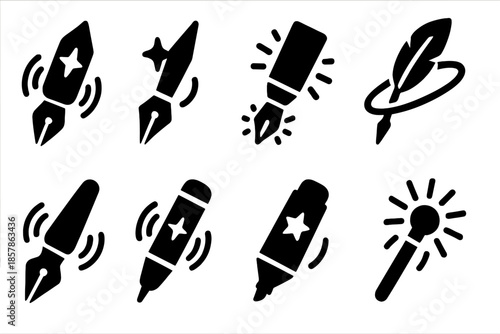 Celestial Writing Tools. Solid style icons of a vibrating celestial writing tool: cosmic pen core, star-pulse stylus, luminous ink