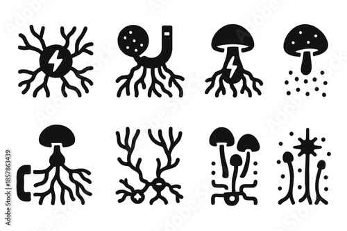 Fungal Magnetic Network. Solid style icons of a fungal network influencing a magnetic field: mycelium energy web, spore-linked