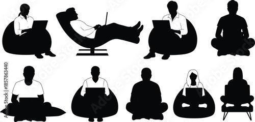 Set of Diverse People Using Laptops While Sitting in Bean Bags and Lounge Chairs for Remote Work and Home Office Design