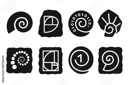 Geometric Fossil Icons. Solid style icons of a fossil art mathematical code: engraved spiral formula, stone ratio pattern, coded