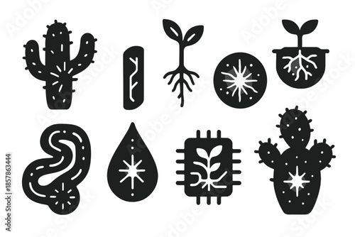 Luminous Cactus Anatomy. Solid style icons of a glowing gas in a hardy plant: luminous cactus vein, radiant stem section, glowing