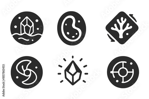 Aquatic Micro-Animation Icons. Solid style icons of aquatic micro-animation stones: crystalline motion reel, bio-life gemstone,