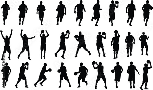 Set of Professional Basketball Player Silhouettes Featuring Athletes Dribbling Shooting and Running for Sports Competition Team Training and Fitness Design Concepts