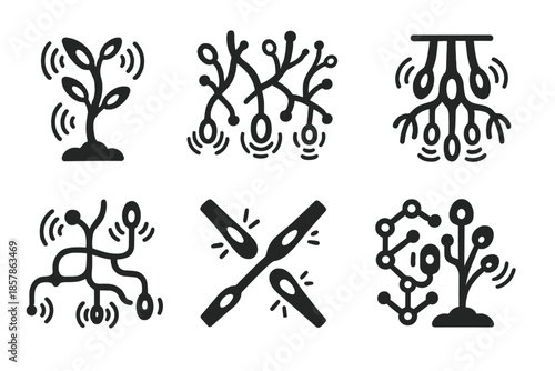 Bioluminescent Sonic Roots. Solid style icons of sonic bioluminescent roots: glowing sound vine, echo thread system, resonant root