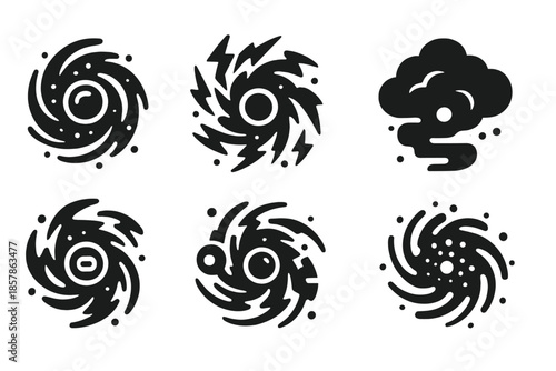 Nano-Storm Icons. Solid style icons of a blinking nano-storm: pulsing nanobot cyclone, glowing micro tempest, flicker-driven