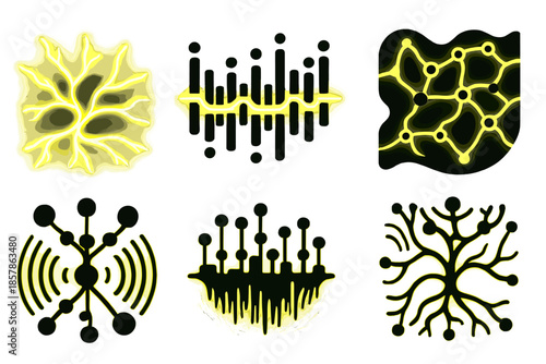 Fungal Sound Visualization. Solid style icons of a fungal network sound visualization: glowing mycelium web, spore-linked sound