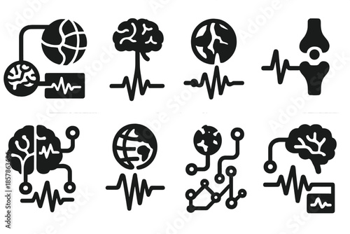 Neural Seismic Interface. Solid style icons of a neural connection measuring earth tremors over time: brain-earth link grid,