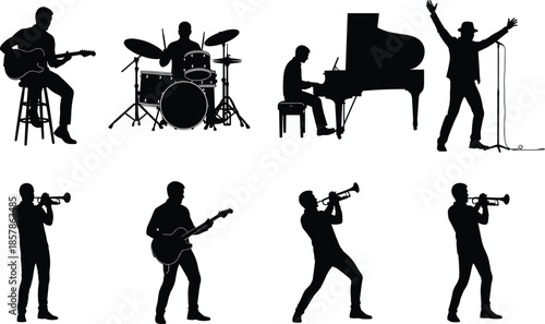 Set of Professional Musician Silhouettes Featuring Guitarists Drummers Pianists and Trumpet Players for Live Concert Stage Performance and Jazz Music Design