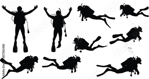 Vector Silhouettes of Scuba Divers in Various Underwater Poses Featuring Diving Gear Oxygen Tanks and Fins for Deep Sea Exploration Concepts
