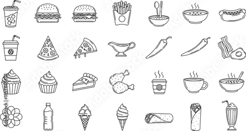 Minimalist Fast Food Line Art Vector Icon Set Featuring Burgers Pizza Fries Coffee Desserts Snacks and Drinks for Restaurant Menu Design