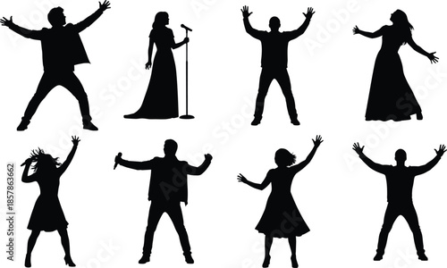 Set of Silhouettes Featuring Singers with Microphones and Performers with Raised Arms for Music Concerts Stage Shows and Entertainment Design Concepts