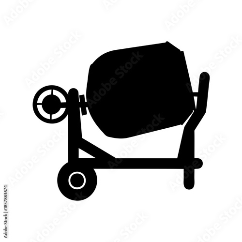 Silhouette illustration of a cement mixer on wheels with a hand crank
