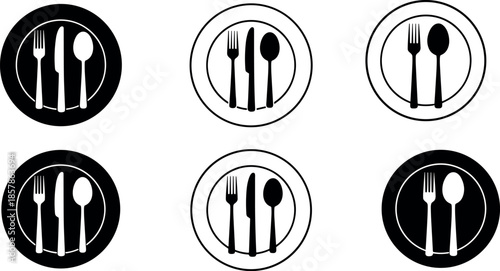 Minimalist Restaurant Icon Set Featuring Plate Fork Knife and Spoon Symbols in Black and White Silhouette Styles for Dining Menu Design