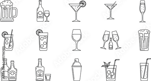 Set of alcohol drink line icons featuring beer mugs wine bottles cocktail glasses champagne flutes and bar tools for menu design
