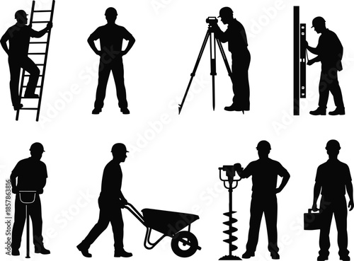 Vector Silhouettes of Construction Workers Using Tools Like Ladders Wheelbarrows and Survey Equipment for Industrial Engineering and Building Site Design
