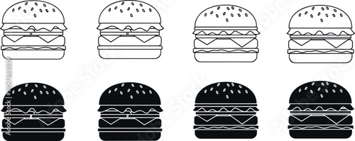 Set of burger icons including outline and solid glyph styles with sesame bun lettuce cheese tomato and meat patty layers