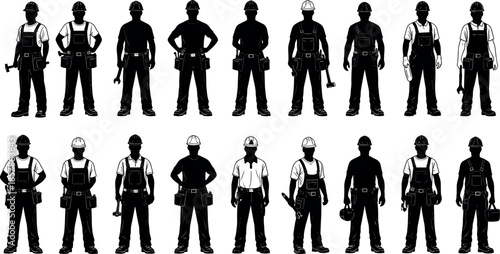 Set of construction worker silhouettes with tools and hard hats in various poses for industrial, maintenance, and engineering design concepts