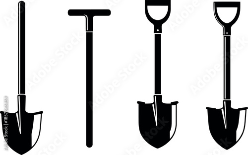 Set of four black and white shovel and spade icons with different handles for gardening construction and outdoor work equipment