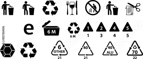 Set of Universal Packaging Symbols Including Recycling Arrows Plastic Resin Codes Food Grade Safety Tidyman and Period After Opening Icons