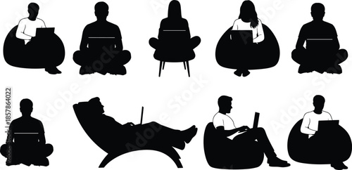 Set of Diverse People Using Laptops While Sitting in Bean Bags and Lounge Chairs for Remote Work and Home Office Design