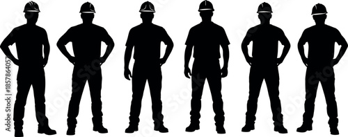 Six professional male construction workers in hard hats standing in a row as black silhouettes for industrial labor and engineering design