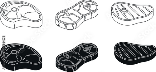Vector set of raw beef steak icons including ribeye and T-bone in linear and silhouette styles for butchery and cooking.