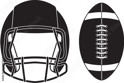 Minimalist black-and-white illustration of a football helmet and football