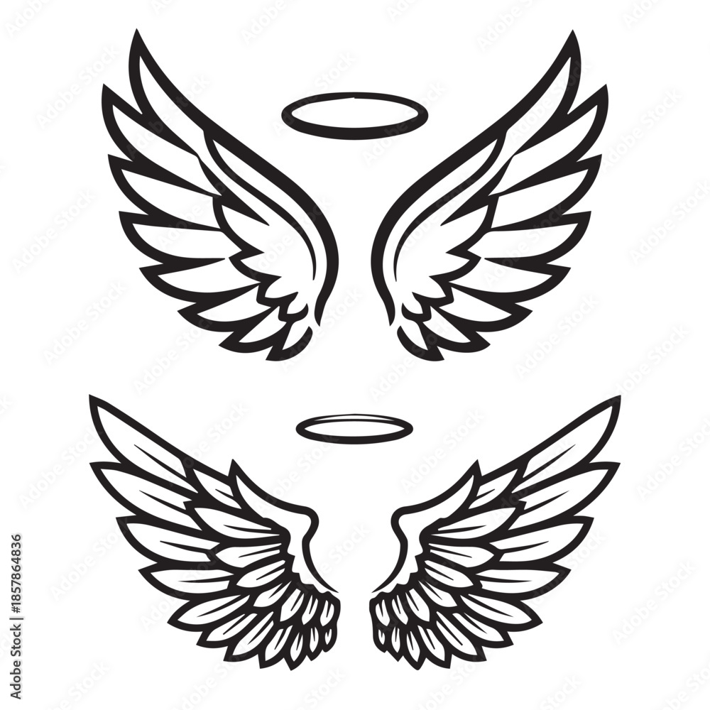 Obraz premium Angel Wings with Halo Line Art Symbol Set