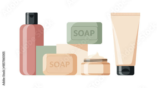 Collection of cosmetic products including soap, lotion, and cream, presented in a clean, flat illustration style