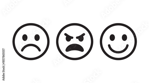 Emoticon Faces with Different Expressions in Simple Black and White Illustration for User Feedback