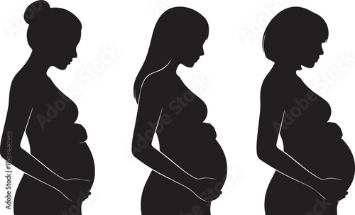 Three black silhouettes of expectant mothers looking down at their growing baby bumps on a white background