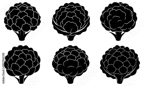 Six Artichoke Plant Silhouettes on White Background black