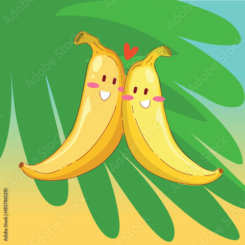Joyful Fruit Depiction, Cheerful Bananas Set Against Tropical Foliage With Sunshine And Seaside Colors