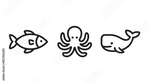 Simple line drawings of marine animals in minimalist style with black outline on white background for ocean conservation