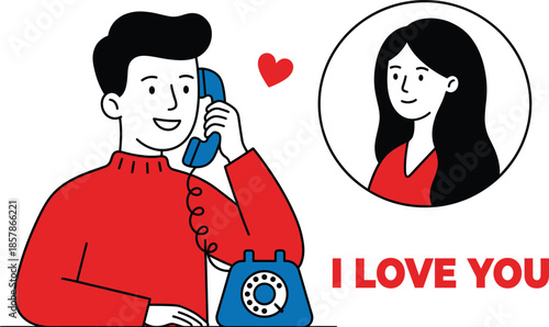 Man talking on phone illustration, long distance love concept, romantic communication, modern flat cartoon style, relationship, valentine, affection, happiness, connection